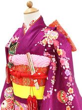 画像をギャラリービューアに読み込む, 七五三 着物 7歳 正絹 フルセット 購入 20点フルセット 濃紫地手毬に桜流水 四つ身着物 長襦袢 結び帯 はこせこセット 肌着裾除け 帯揚げ しごき 足袋 753