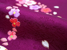 画像をギャラリービューアに読み込む, 七五三 着物 7歳 正絹 フルセット 購入 20点フルセット 濃紫地手毬に桜流水 四つ身着物 長襦袢 結び帯 はこせこセット 肌着裾除け 帯揚げ しごき 足袋 753