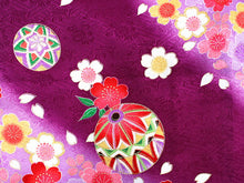 画像をギャラリービューアに読み込む, 七五三 着物 7歳 正絹 フルセット 購入 20点フルセット 濃紫地手毬に桜流水 四つ身着物 長襦袢 結び帯 はこせこセット 肌着裾除け 帯揚げ しごき 足袋 753