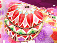 画像をギャラリービューアに読み込む, 七五三 着物 7歳 正絹 フルセット 購入 20点フルセット 濃紫地手毬に桜流水 四つ身着物 長襦袢 結び帯 はこせこセット 肌着裾除け 帯揚げ しごき 足袋 753