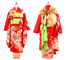 画像をギャラリービューアに読み込む, 七五三 着物 7歳 正絹 フルセット 購入 20点フルセット 赤地熨斗に花紋・桜 四つ身着物 長襦袢 結び帯 はこせこセット 肌着裾除け 帯揚げ しごき 足袋 753