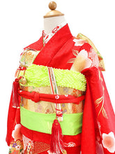 画像をギャラリービューアに読み込む, 七五三 着物 7歳 正絹 フルセット 購入 20点フルセット 赤地熨斗に花紋・桜 四つ身着物 長襦袢 結び帯 はこせこセット 肌着裾除け 帯揚げ しごき 足袋 753