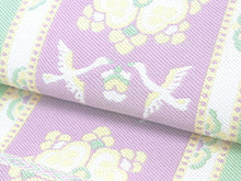 画像をギャラリービューアに読み込む, 名古屋帯 単品 正絹 仕立て付き 九寸 白地 花 なごや帯 鳥 縦縞 黄緑 薄紫 六通 カジュアル 西陣織 酒井守謹製 証紙付き 女性 レディース 着物 和装 和服 新品 日本製 送料無料