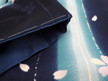 画像をギャラリービューアに読み込む, 洗える着物 コーディネートセット 袷 Lサイズ 青 縞 桜 きもの 黒茶 幾何学模様 名古屋帯 渋水色 水色 正絹帯揚げ帯締め 紺 ブラック ブラウン ピンク 4点セット 帯 小紋 レディース 女性 プレタ 和装 和服