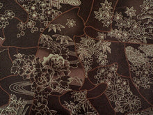 画像をギャラリービューアに読み込む, 洗える着物 コーディネートセット 袷 Lサイズ 茶色 茶屋辻 猫 きもの グレー 青 縞 名古屋帯 緑 さび色 正絹帯揚げ帯締め 動物柄 四季の花 家屋 ブルー グリーン 4点セット 帯 小紋 レディース 女性 プレタ 和装 和服