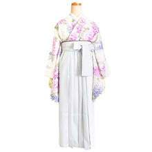 画像をギャラリービューアに読み込む, 卒業式 二尺袖 着物 袴用 単品 アイボリー パープル ピンク オフホワイト ブルー 白 紫 牡丹 藤 花 絣風 フリーサイズ ショート丈 大学生 小学生 ジュニア 着物のみ 2尺袖 日本製