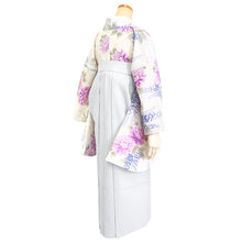 画像をギャラリービューアに読み込む, 卒業式 二尺袖 着物 袴用 単品 アイボリー パープル ピンク オフホワイト ブルー 白 紫 牡丹 藤 花 絣風 フリーサイズ ショート丈 大学生 小学生 ジュニア 着物のみ 2尺袖 日本製
