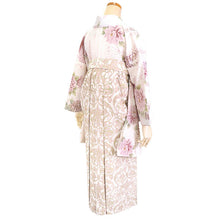 画像をギャラリービューアに読み込む, 卒業式 二尺袖 着物 袴用 単品 アイボリー パープル ピンク オフホワイト ブルー 白 紫 牡丹 藤 花 絣風 フリーサイズ ショート丈 大学生 小学生 ジュニア 着物のみ 2尺袖 日本製