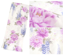画像をギャラリービューアに読み込む, 卒業式 二尺袖 着物 袴用 単品 アイボリー パープル ピンク オフホワイト ブルー 白 紫 牡丹 藤 花 絣風 フリーサイズ ショート丈 大学生 小学生 ジュニア 着物のみ 2尺袖 日本製