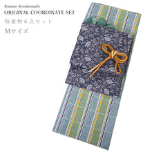 画像をギャラリービューアに読み込む, 洗える着物 コーディネートセット 4点セット 袷 名古屋帯 Mサイズ 緑 格子 きもの 青 花唐草 帯 深緑 黄土色 正絹帯揚げ帯締め グレー 灰色 猫 動物柄 松葉仕立て 小紋 レディース 女性 プレタ 和装 和服