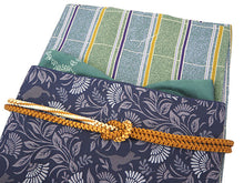 画像をギャラリービューアに読み込む, 洗える着物 コーディネートセット 4点セット 袷 名古屋帯 Mサイズ 緑 格子 きもの 青 花唐草 帯 深緑 黄土色 正絹帯揚げ帯締め グレー 灰色 猫 動物柄 松葉仕立て 小紋 レディース 女性 プレタ 和装 和服