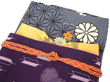 画像をギャラリービューアに読み込む, 洗える着物 コーディネートセット 4点セット 袷 名古屋帯 Mサイズ グレー 麻の葉 きもの 紫 矢羽根 帯 マスタード 渋橙 正絹帯揚げ帯締め 猫 動物柄 菊 雪輪 松葉仕立て 小紋 レディース 女性 プレタ 和装 和服