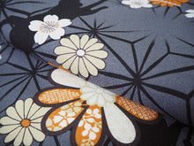 画像をギャラリービューアに読み込む, 洗える着物 コーディネートセット 4点セット 袷 名古屋帯 Mサイズ グレー 麻の葉 きもの 紫 矢羽根 帯 マスタード 渋橙 正絹帯揚げ帯締め 猫 動物柄 菊 雪輪 松葉仕立て 小紋 レディース 女性 プレタ 和装 和服