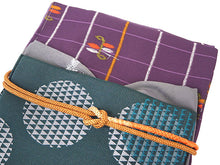 画像をギャラリービューアに読み込む, 洗える着物 コーディネートセット 4点セット 袷 名古屋帯 Lサイズ 紫 格子 きもの 深緑 丸 帯 グレー 薄茶 正絹帯揚げ帯締め 植物 葉 鱗 円 パープル グリーン 松葉仕立て 小紋 レディース 女性 プレタ 和装 和服