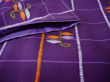 画像をギャラリービューアに読み込む, 洗える着物 コーディネートセット 4点セット 袷 名古屋帯 Lサイズ 紫 格子 きもの 深緑 丸 帯 グレー 薄茶 正絹帯揚げ帯締め 植物 葉 鱗 円 パープル グリーン 松葉仕立て 小紋 レディース 女性 プレタ 和装 和服