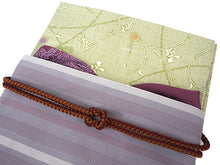 画像をギャラリービューアに読み込む, 洗える着物 コーディネートセット 4点セット 袷 名古屋帯 Lサイズ 黄緑 鹿の子柄 きもの ライトグレー 縞 帯 紫 薄茶 正絹帯揚げ帯締め 植物 グリーン パープル ブラウン 松葉仕立て 小紋 レディース 女性 プレタ 和装 和服