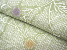 画像をギャラリービューアに読み込む, 洗える着物 コーディネートセット 4点セット 袷 名古屋帯 Lサイズ 黄緑 鹿の子柄 きもの ライトグレー 縞 帯 紫 薄茶 正絹帯揚げ帯締め 植物 グリーン パープル ブラウン 松葉仕立て 小紋 レディース 女性 プレタ 和装 和服