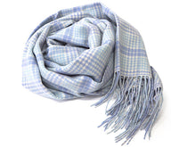 画像をギャラリービューアに読み込む, ストール 大判 カシミヤ ウール レディース ブルー チェック ピュアウール 水色 千鳥格子 フリンジ 羽織 ショール マフラー 肩掛け ひざ掛け カジュアル おしゃれ 秋 冬 防寒 女性 和装 洋服 あす楽