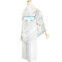 画像をギャラリービューアに読み込む, 袴セット 卒業式 ブルーグレー地よろけ縞に牡丹 二尺袖着物 グレー レース 袴 セット 小紋柄 小学生 大学生 専門学校