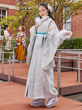 画像をギャラリービューアに読み込む, 袴セット 卒業式 ブルーグレー地よろけ縞に牡丹 二尺袖着物 グレー レース 袴 セット 小紋柄 小学生 大学生 専門学校