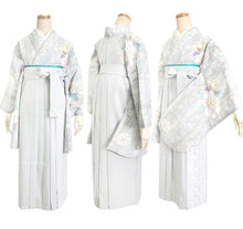 画像をギャラリービューアに読み込む, 袴セット 卒業式 ブルーグレー地よろけ縞に牡丹 二尺袖着物 グレー レース 袴 セット 小紋柄 小学生 大学生 専門学校