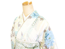 画像をギャラリービューアに読み込む, 袴セット 卒業式 オフホワイト地ブルー牡丹に藤 二尺袖着物 ブルー 更紗 ジャガード 袴 セット 小紋柄 小学生 大学生 専門学校
