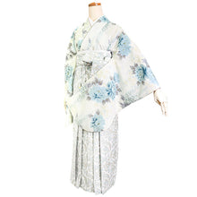 画像をギャラリービューアに読み込む, 袴セット 卒業式 オフホワイト地ブルー牡丹に藤 二尺袖着物 ブルー 更紗 ジャガード 袴 セット 小紋柄 小学生 大学生 専門学校