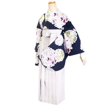 画像をギャラリービューアに読み込む, 袴セット 二尺袖 袴 袴下帯3点セット ネイビー地雪輪と牡丹・ライトグレー袴 卒業式 謝恩会に 小学生 大学生