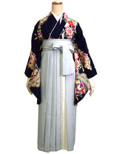 画像をギャラリービューアに読み込む, 卒業式 二尺袖 着物 袴用 単品 濃紺地 吉祥葵に松竹梅 フリーサイズ アダムアンドイブ ショート丈 大学生 小学生 ジュニア 着物のみ 2尺袖