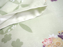 画像をギャラリービューアに読み込む, 洗える着物 コーディネートセット 4点セット 袷 名古屋帯 Mサイズ 薄緑 花 七宝 きもの グレーベージュ 花唐草 猫 帯 ライトグリーン 正絹帯揚げ帯締め 動物柄 松葉仕立て 小紋 レディース 女性 プレタ 和装 和服