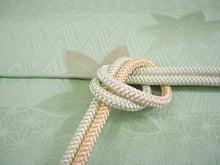 画像をギャラリービューアに読み込む, 洗える着物 コーディネートセット 4点セット 袷 名古屋帯 Mサイズ 薄緑 花 七宝 きもの グレーベージュ 花唐草 猫 帯 ライトグリーン 正絹帯揚げ帯締め 動物柄 松葉仕立て 小紋 レディース 女性 プレタ 和装 和服