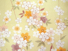 画像をギャラリービューアに読み込む, 洗える着物 コーディネートセット 4点セット 袷 名古屋帯 Mサイズ 玉子色 桜 きもの 灰茶 幾何学柄 帯 渋緑 オレンジ 正絹帯揚げ帯締め 黄色 イエロー ブラウン 花 松葉仕立て 小紋 レディース 女性 プレタ 和装 和服