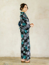 画像をギャラリービューアに読み込む, 浴衣 単品 レディース 黒地 菊 青 単品 フリーサイズ 大人 ゆかた yukata 綿 粋 レトロ モダン 和装 和服 女性 夏祭り 花火大会