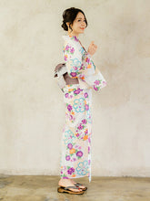 画像をギャラリービューアに読み込む, 浴衣 単品 レディース 白地 ベージュ 市松 菊 牡丹 桜 ピンク 単品 フリーサイズ 大人 ゆかた yukata 綿 粋 レトロ モダン 和装 和服 女性 夏祭り 花火大会