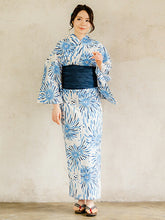 画像をギャラリービューアに読み込む, 浴衣 単品 レディース オフホワイト地 青 花火 ブルー 単品 フリーサイズ 大人 ゆかた yukata 綿 粋 レトロ モダン 和装 和服 女性 夏祭り 花火大会