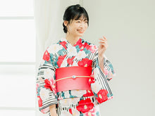 画像をギャラリービューアに読み込む, 浴衣 単品 レディース 白地 ストライプ 椿 赤 フリーサイズ 大人 ゆかた yukata 綿 粋 レトロ モダン 和装 和服 女性 夏祭り 花火大会