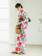 画像をギャラリービューアに読み込む, 浴衣 単品 レディース 白地 ストライプ 椿 赤 フリーサイズ 大人 ゆかた yukata 綿 粋 レトロ モダン 和装 和服 女性 夏祭り 花火大会
