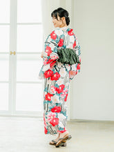 画像をギャラリービューアに読み込む, 浴衣 単品 レディース 白地 ストライプ 椿 赤 フリーサイズ 大人 ゆかた yukata 綿 粋 レトロ モダン 和装 和服 女性 夏祭り 花火大会