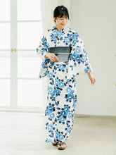 画像をギャラリービューアに読み込む, 浴衣 単品 レディース オフホワイト地 椿 ブルー 白 水色 単品 フリーサイズ 大人 ゆかた yukata 綿 粋 レトロ モダン 和装 和服 女性 夏祭り 花火大会
