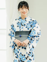 画像をギャラリービューアに読み込む, 浴衣 単品 レディース オフホワイト地 椿 ブルー 白 水色 単品 フリーサイズ 大人 ゆかた yukata 綿 粋 レトロ モダン 和装 和服 女性 夏祭り 花火大会