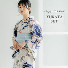 画像をギャラリービューアに読み込む, 浴衣セット レディース 白地菊尽くし 浴衣 ブルー地献上柄 帯 セット 単衣帯 変わり織生地 花火大会 夏祭り ビアガーデン 夏 お出かけ 和装 和服 レディースファッション 2023