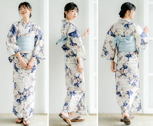 画像をギャラリービューアに読み込む, 浴衣セット レディース 白地菊尽くし 浴衣 ブルー地献上柄 帯 セット 単衣帯 変わり織生地 花火大会 夏祭り ビアガーデン 夏 お出かけ 和装 和服 レディースファッション 2023