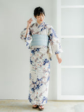 画像をギャラリービューアに読み込む, 浴衣セット レディース 白地菊尽くし 浴衣 ブルー地献上柄 帯 セット 単衣帯 変わり織生地 花火大会 夏祭り ビアガーデン 夏 お出かけ 和装 和服 レディースファッション 2023