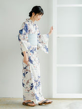 画像をギャラリービューアに読み込む, 浴衣セット レディース 白地菊尽くし 浴衣 ブルー地献上柄 帯 セット 単衣帯 変わり織生地 花火大会 夏祭り ビアガーデン 夏 お出かけ 和装 和服 レディースファッション 2023