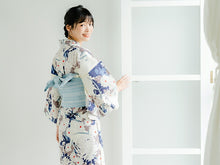 画像をギャラリービューアに読み込む, 浴衣セット レディース 白地菊尽くし 浴衣 ブルー地献上柄 帯 セット 単衣帯 変わり織生地 花火大会 夏祭り ビアガーデン 夏 お出かけ 和装 和服 レディースファッション 2023