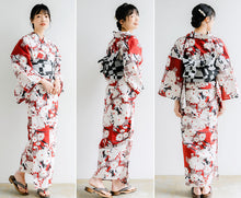 画像をギャラリービューアに読み込む, 浴衣セット レディース 渋赤地菊尽くし 浴衣 白・黒変わり市松 帯 セット 単衣帯 変わり織生地 花火大会 夏祭り ビアガーデン 夏 お出かけ 和装 和服 レディースファッション 2023