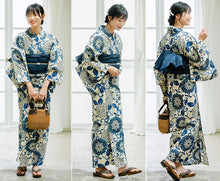 画像をギャラリービューアに読み込む, 浴衣セット レディース 生成りベージュ地猫花唐草 ネイビー 濃紺 兵児帯 セット へこ帯 浴衣 セット 2023 夏祭り 花火大会 ビアガーデン 夏 お出かけ おしゃれ レディースファッション