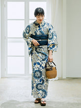 画像をギャラリービューアに読み込む, 浴衣セット レディース 生成りベージュ地猫花唐草 ネイビー 濃紺 兵児帯 セット へこ帯 浴衣 セット 2023 夏祭り 花火大会 ビアガーデン 夏 お出かけ おしゃれ レディースファッション
