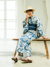 画像をギャラリービューアに読み込む, 浴衣セット レディース 生成りベージュ地猫花唐草 ネイビー 濃紺 兵児帯 セット へこ帯 浴衣 セット 2023 夏祭り 花火大会 ビアガーデン 夏 お出かけ おしゃれ レディースファッション