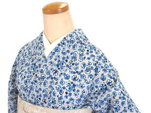 画像をギャラリービューアに読み込む, 洗える着物 袷 仕立て上がり 単品 ベージュ地 青小花柄 百華 女性 レディース 和装 和服 きもの カジュアル プレタ 春 秋 冬 きもの かわいい 普段着 ポリエステル